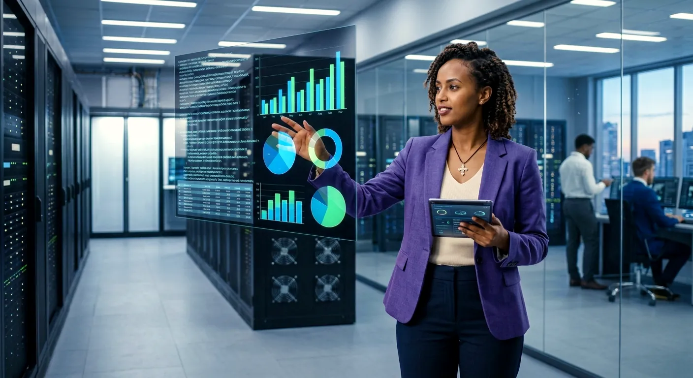An EA Associates Ghana data-assurance specialist reviewing analytics dashboards beside a client's server racks.